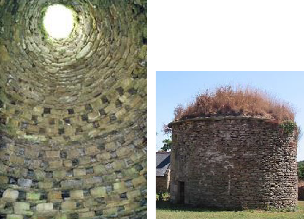 Deux photographies du manoir de Kergu&eacute;zec, &agrave; droite l'int&eacute;rieur du Colombier 